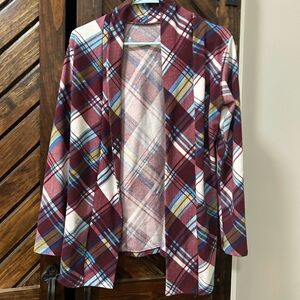 Eggplant plaid cardigan with suede style patches